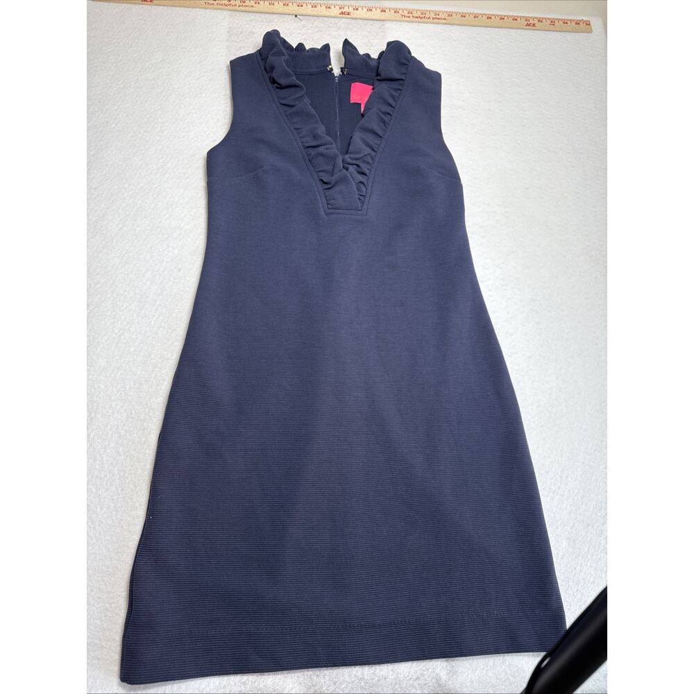 Lilly Pulitzer Tisbury Knit Shift Dress S Navy Blue Ruffle Neckline Sleeveless